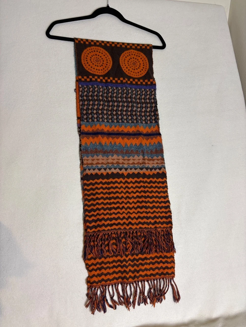 Vintage Patterned Knit Scarf with Fringe